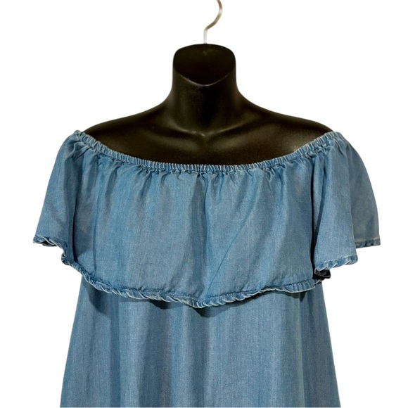 Twik by Simons, Ultra-Soft Denim Dress with Ruffled Neckline, Large, Blue - Picture 4 of 8